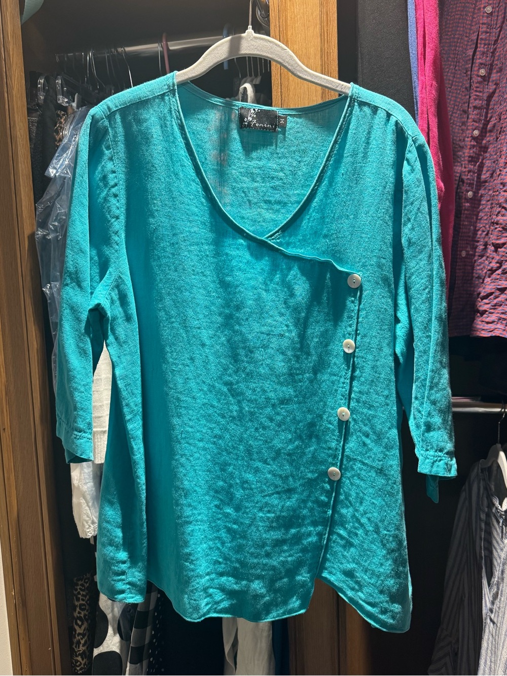 Fenini Linen Turquoise Women’s Shirt Asymmetrical Buttons 3/4 Sleeves Medium
